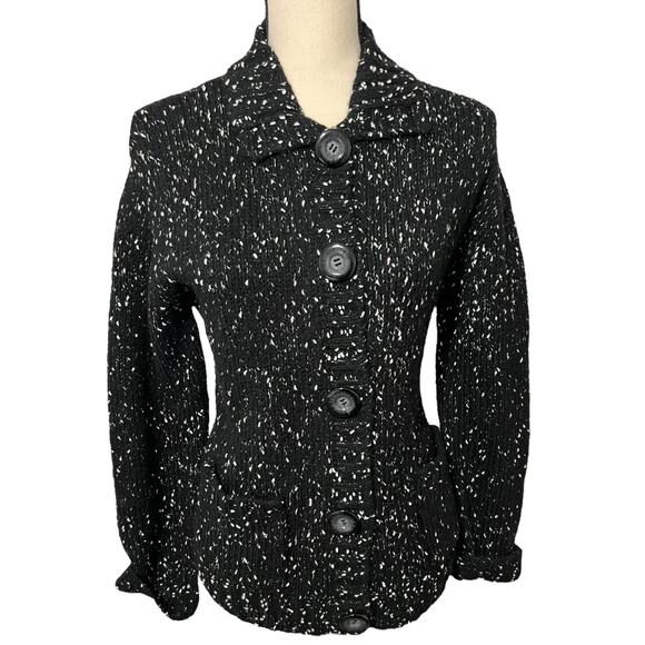 Chicos Mohair Sweater Cardigan Jacket 0 Fuzzy Button Up Black White Dots - Picture 2 of 5